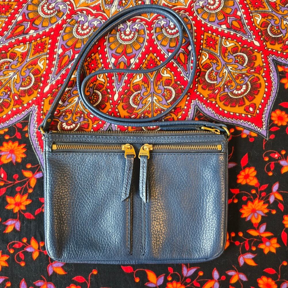 Fossil Blue Leather Cross-Body Bag